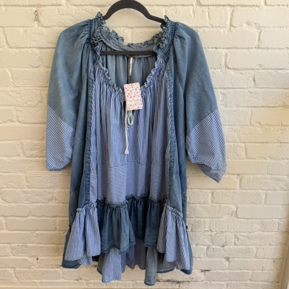 Free People Blue Striped Denim-Look Mini Dress